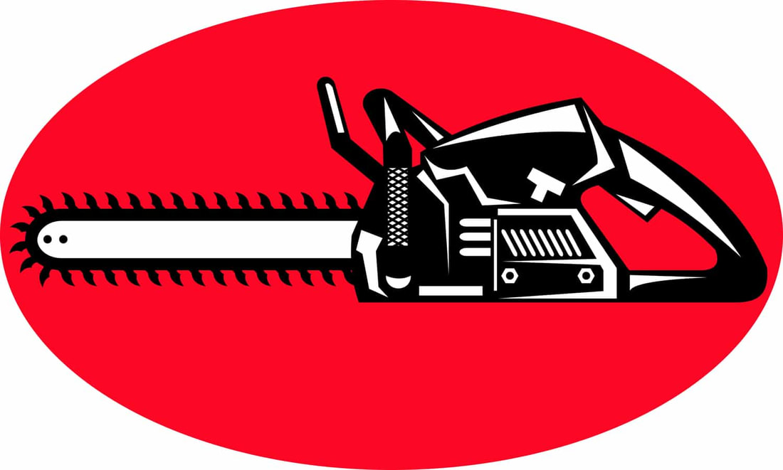 A large cartoon chainsaw with a red background. The chainsaw will be used for stump removal.