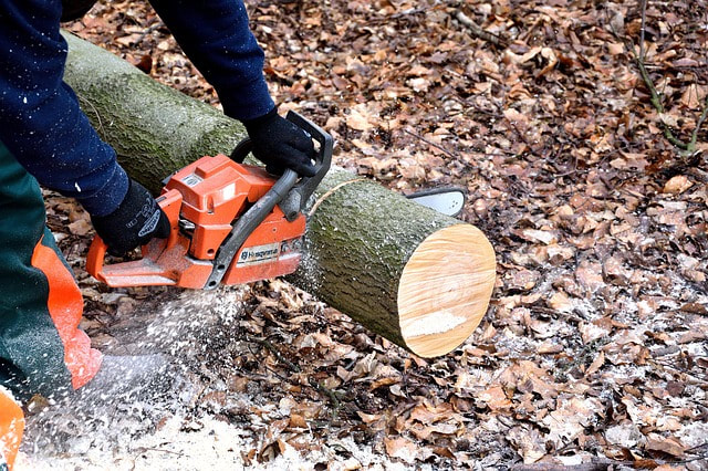 A tree surgeon chopping up the trunk of a tree.